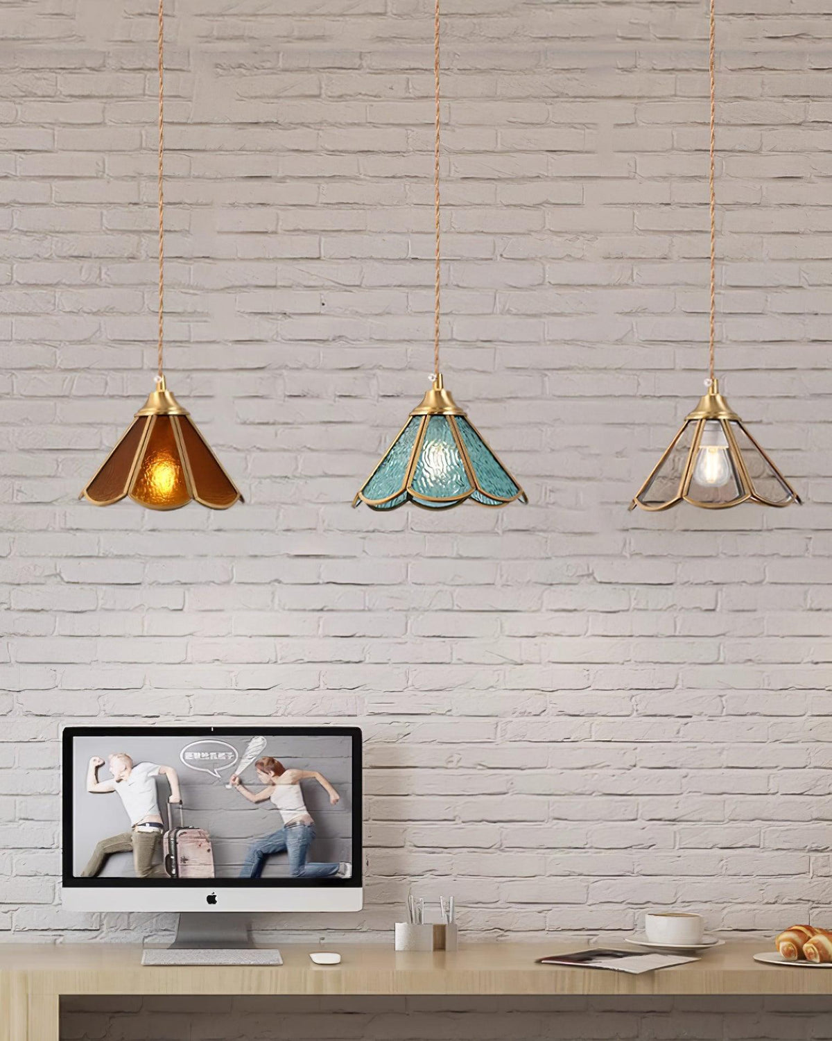 Textured Blue Glass Shade Pendant Lamp With Brass Finish