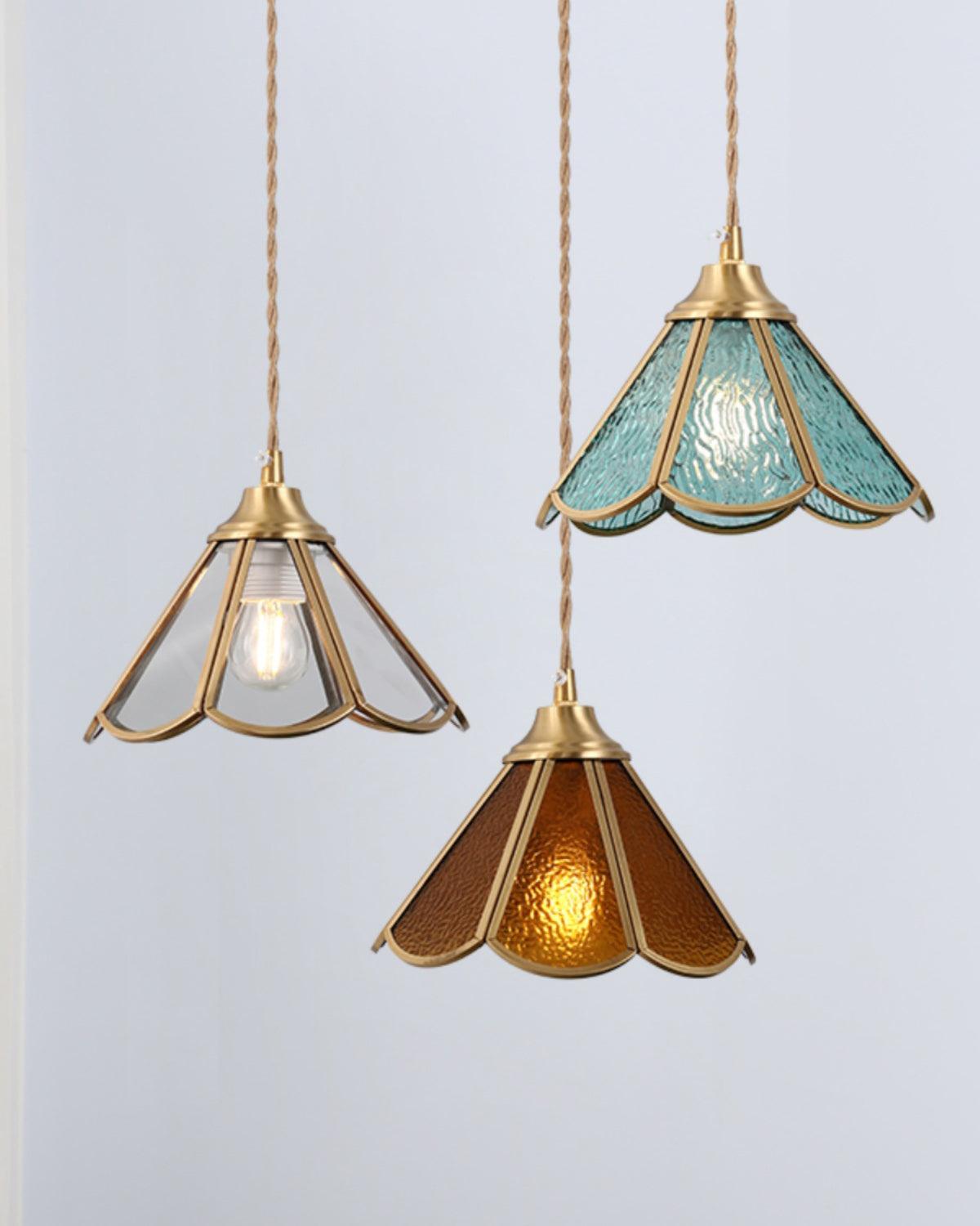 Textured Blue Glass Shade Pendant Lamp With Brass Finish