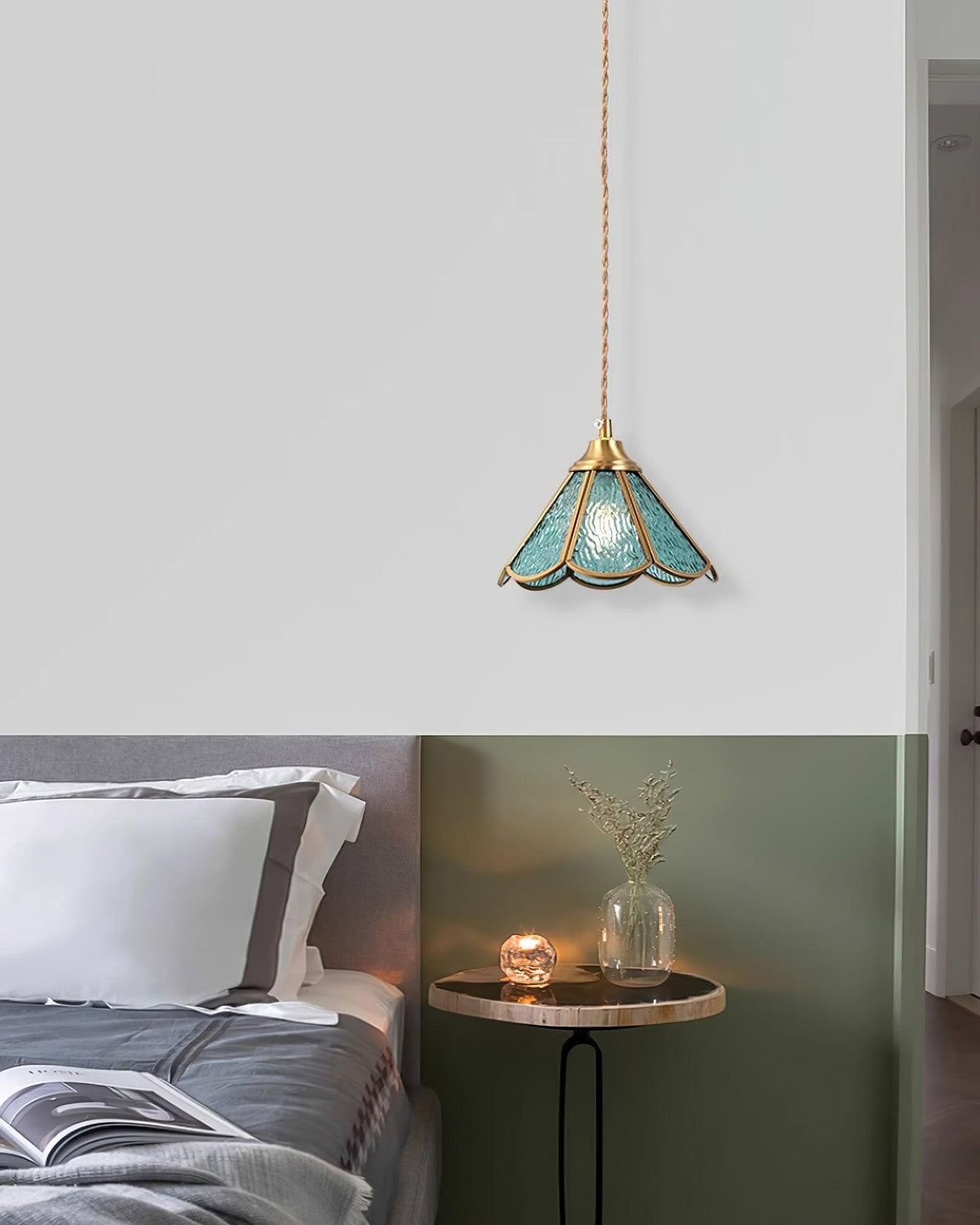 Textured Blue Glass Shade Pendant Lamp With Brass Finish