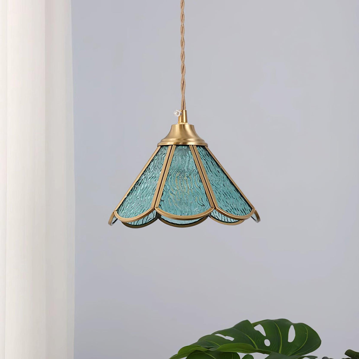Textured Blue Glass Shade Pendant Lamp With Brass Finish