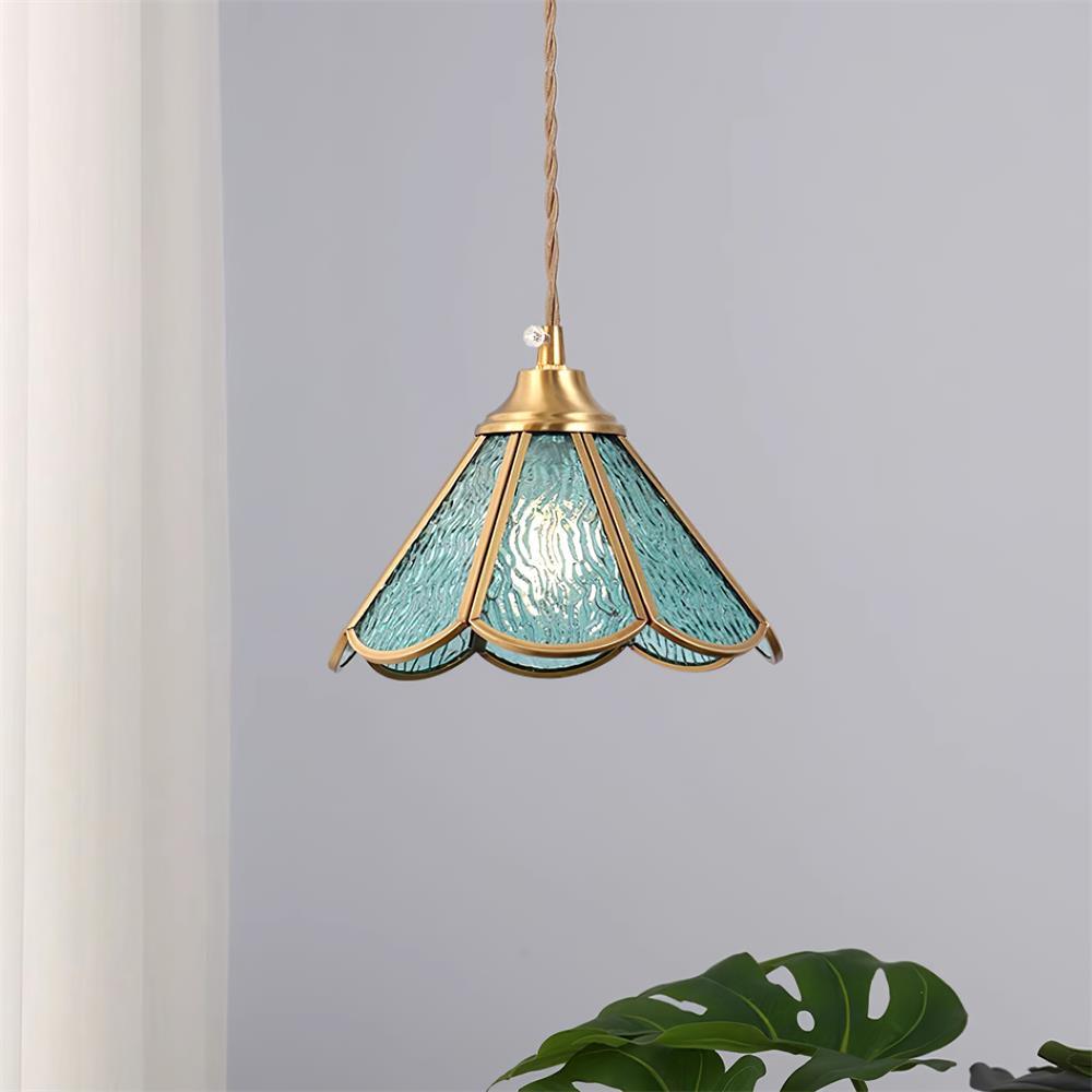 Textured Blue Glass Shade Pendant Lamp With Brass Finish