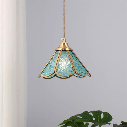 Textured Blue Glass Shade Pendant Lamp With Brass Finish