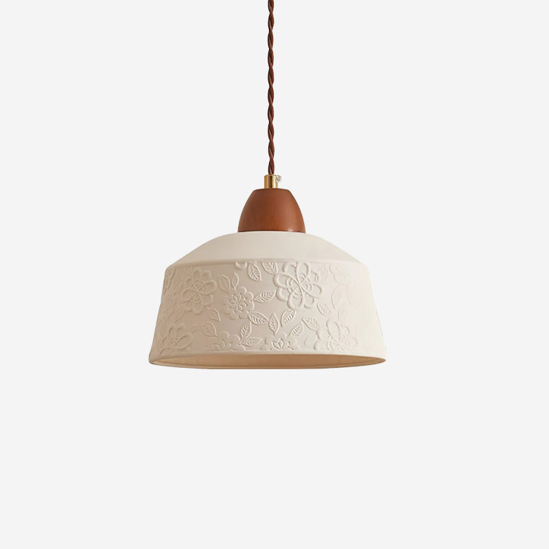 Ceramic Shade and Walnut Wood Drum Pendant Lamp With Soft Glow