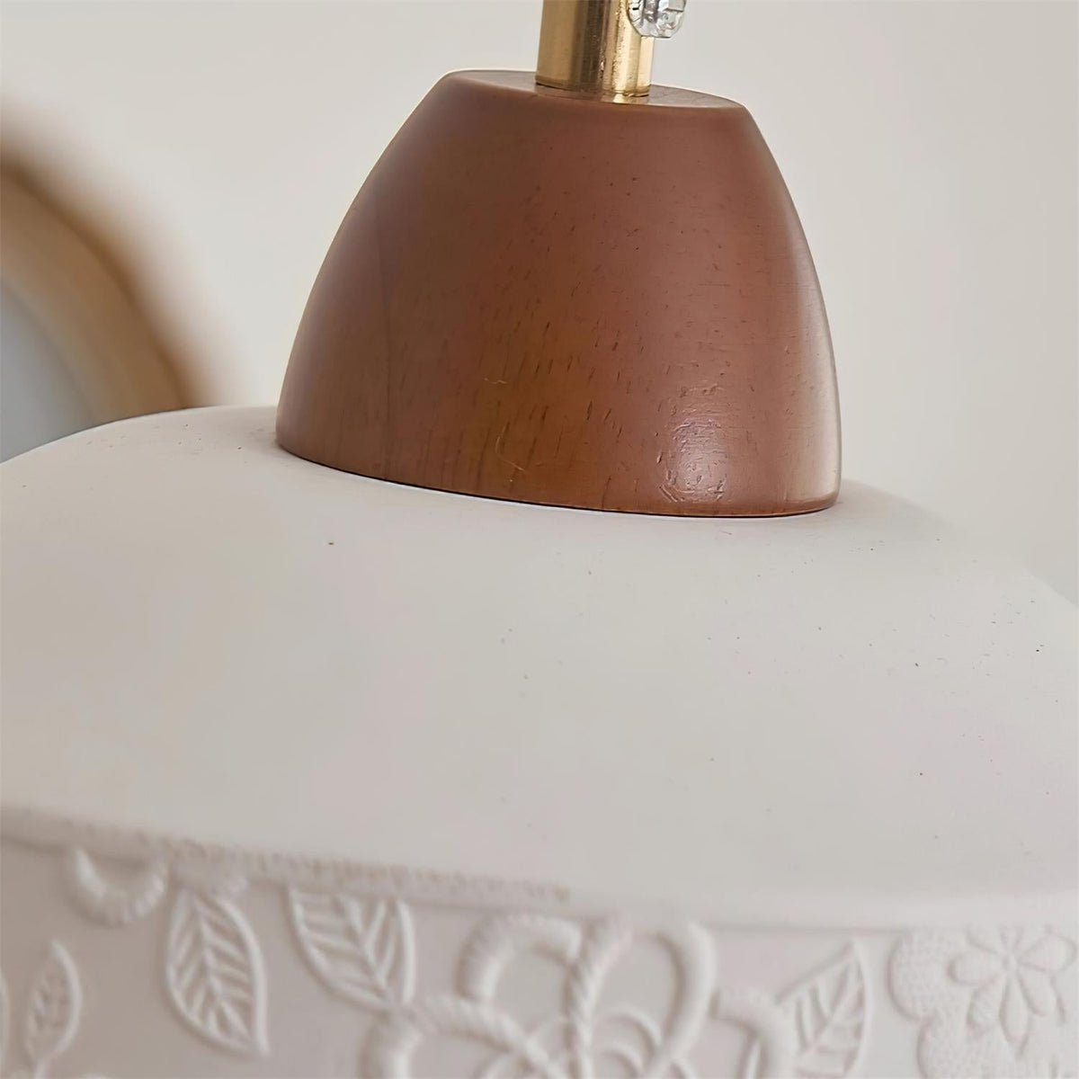 Ceramic Shade and Walnut Wood Drum Pendant Lamp With Soft Glow