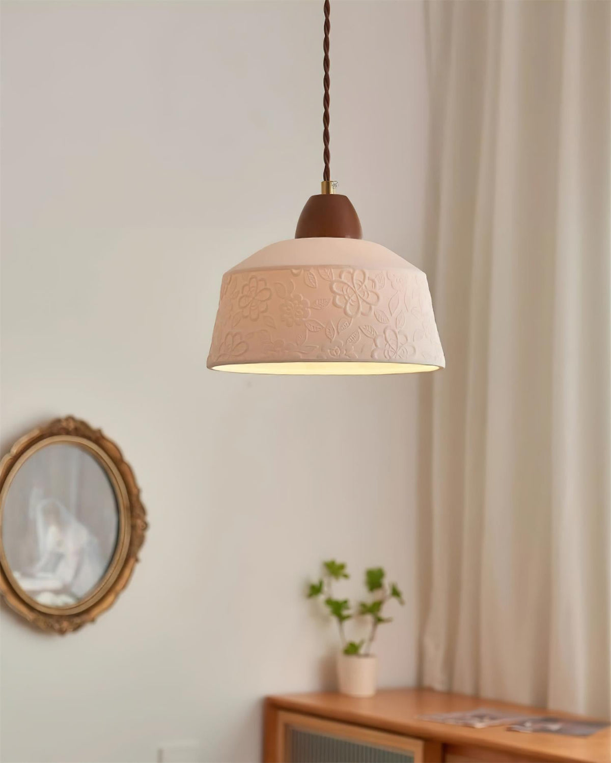 Ceramic Shade and Walnut Wood Drum Pendant Lamp With Soft Glow