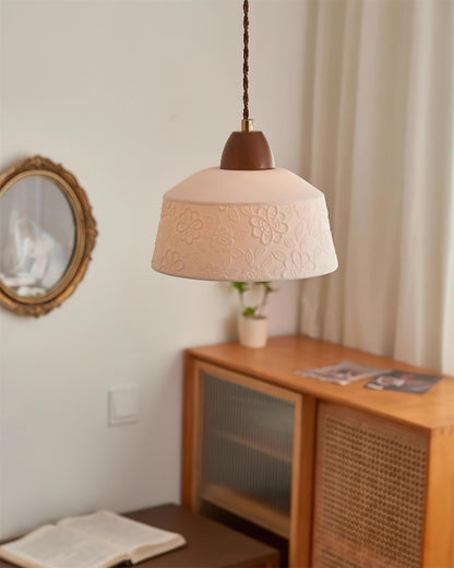 Ceramic Shade and Walnut Wood Drum Pendant Lamp With Soft Glow