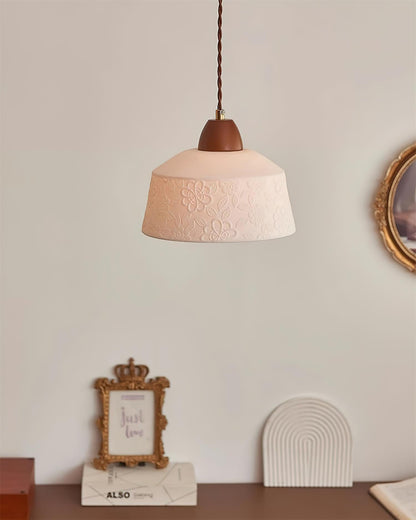 Ceramic Shade and Walnut Wood Drum Pendant Lamp With Soft Glow