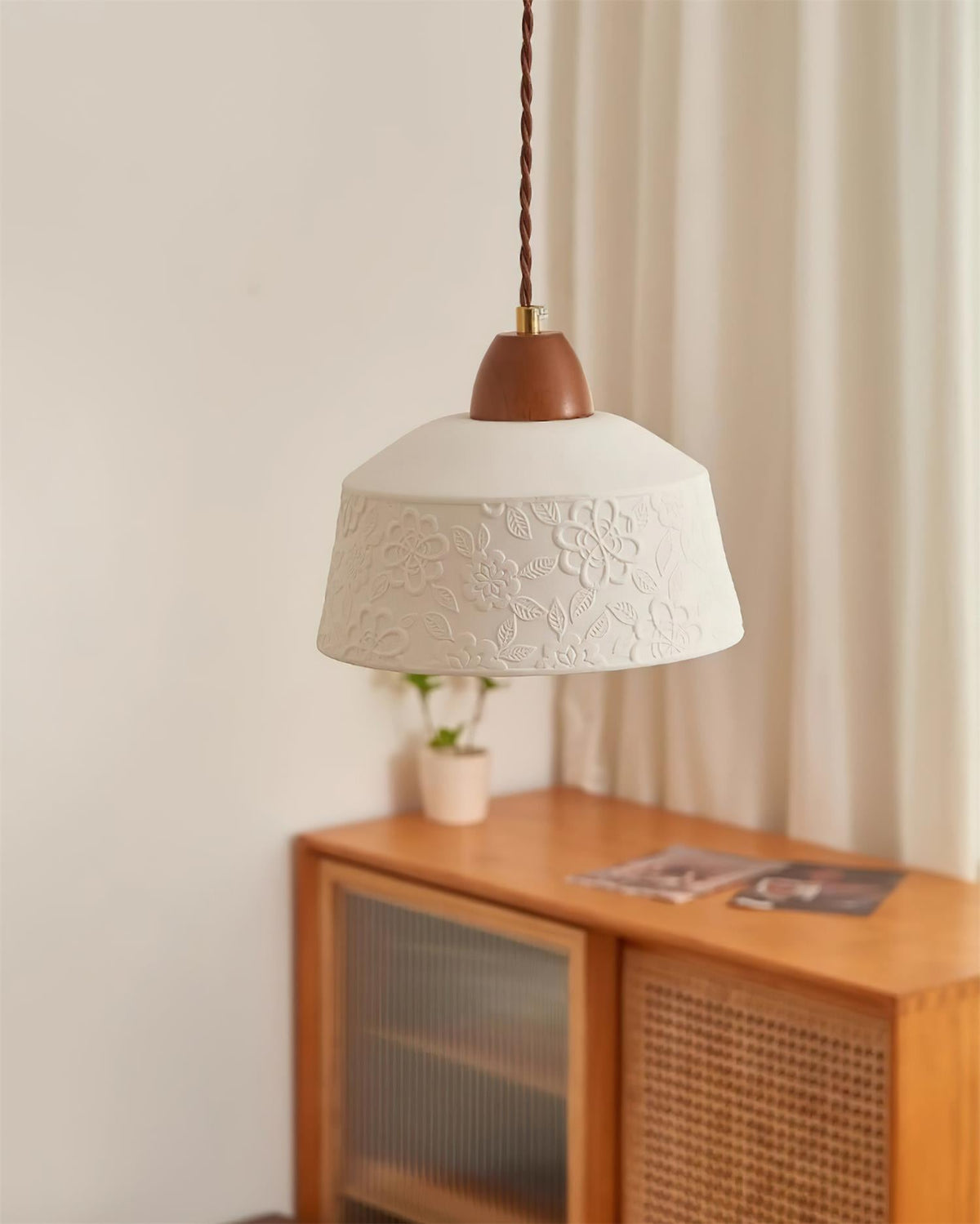 Ceramic Shade and Walnut Wood Drum Pendant Lamp With Soft Glow