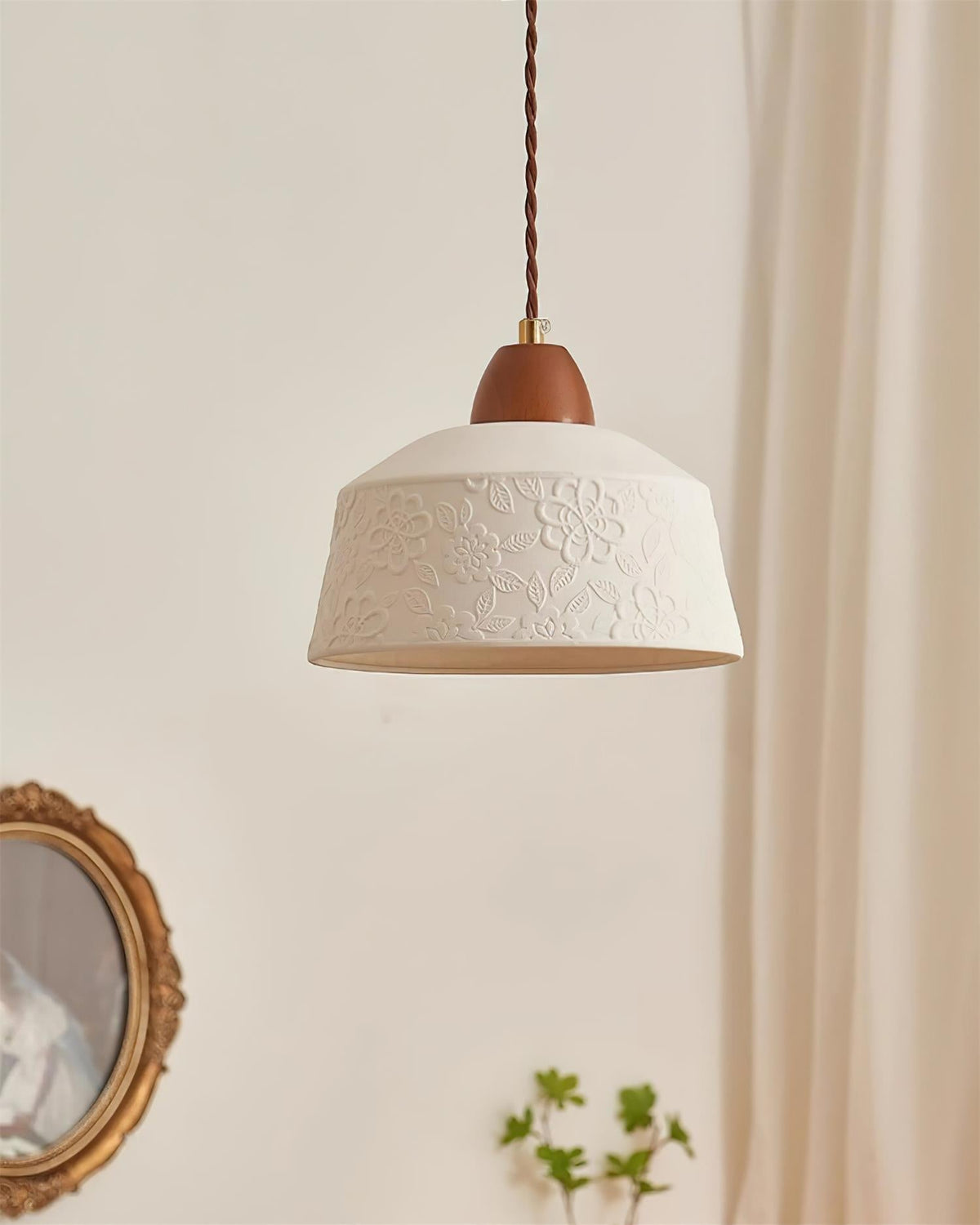 Ceramic Shade and Walnut Wood Drum Pendant Lamp With Soft Glow