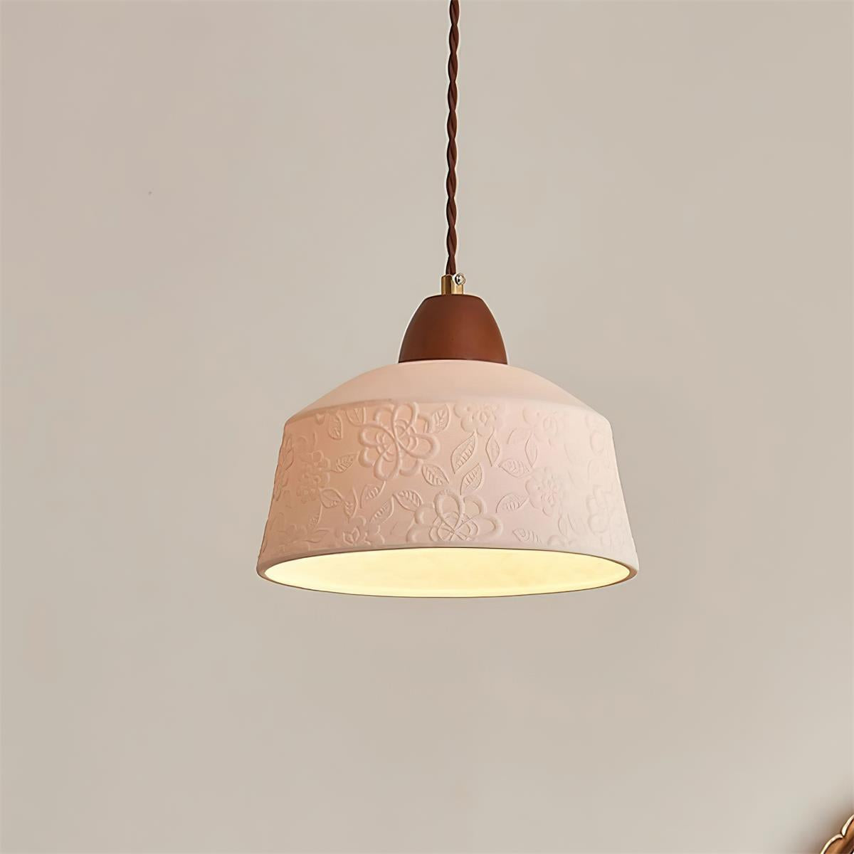 Ceramic Shade and Walnut Wood Drum Pendant Lamp With Soft Glow