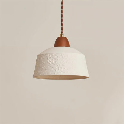 Ceramic Shade and Walnut Wood Drum Pendant Lamp With Soft Glow