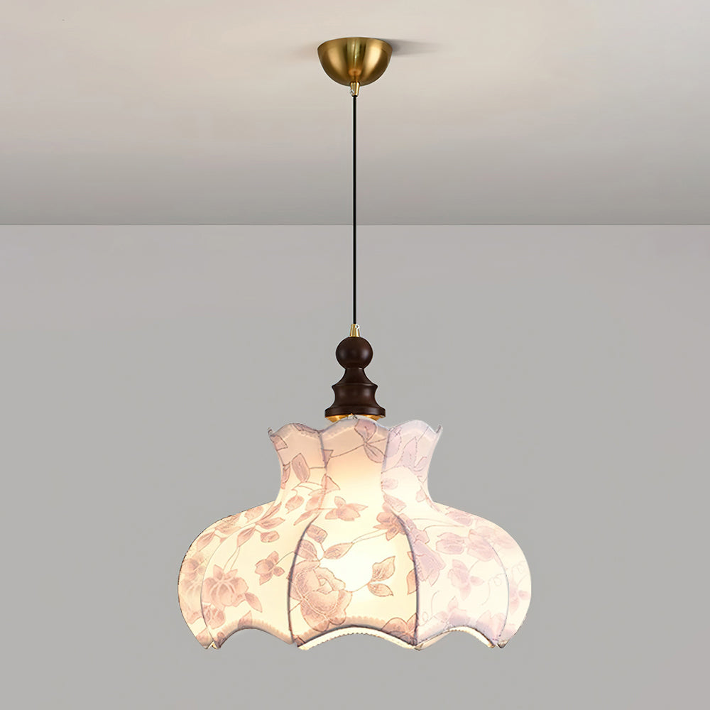 Pendant Lamp With Floral Shade Elegant Wood And Metal