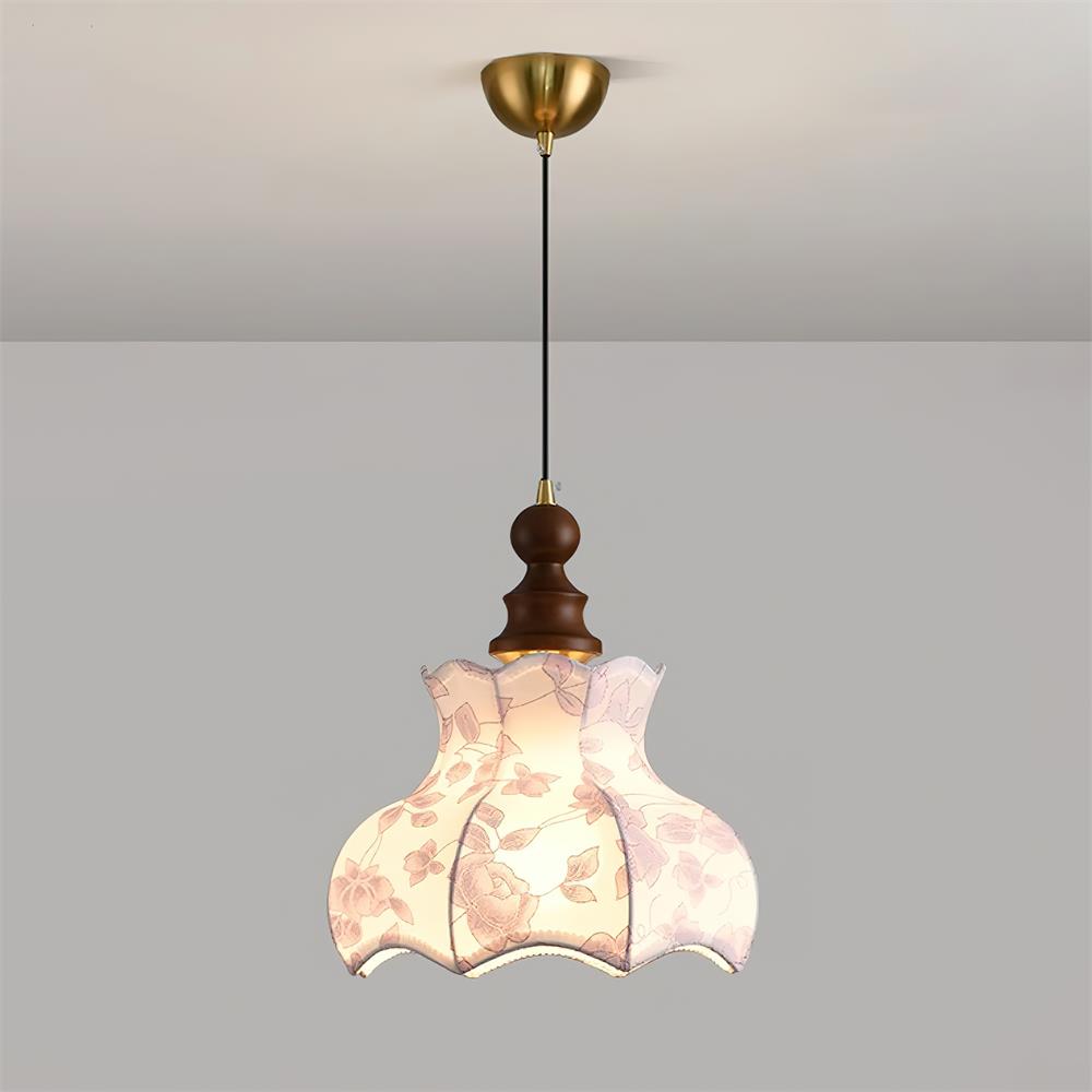 Pendant Lamp With Floral Shade Elegant Wood And Metal