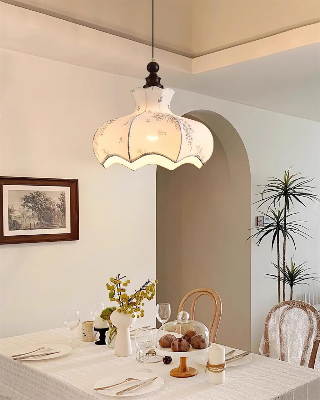 Pendant Lamp With Floral Shade Elegant Wood And Metal
