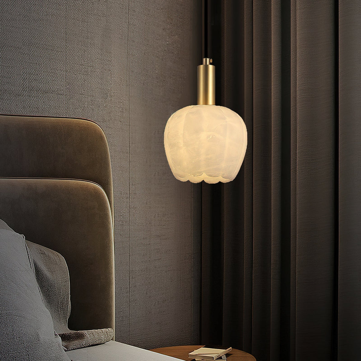 Brass Accents Pendant Light With Alabaster Flower