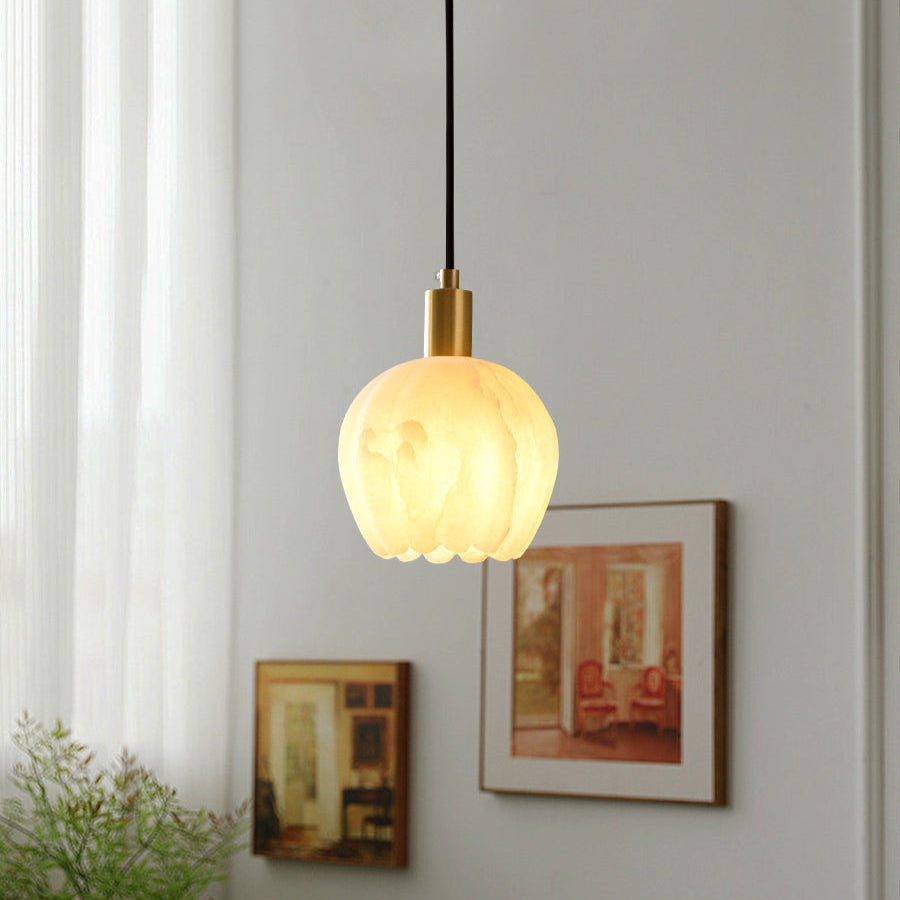 Brass Accents Pendant Light With Alabaster Flower