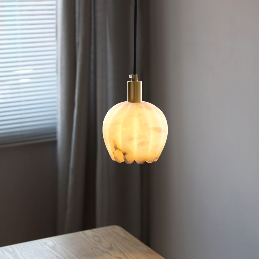 Brass Accents Pendant Light With Alabaster Flower