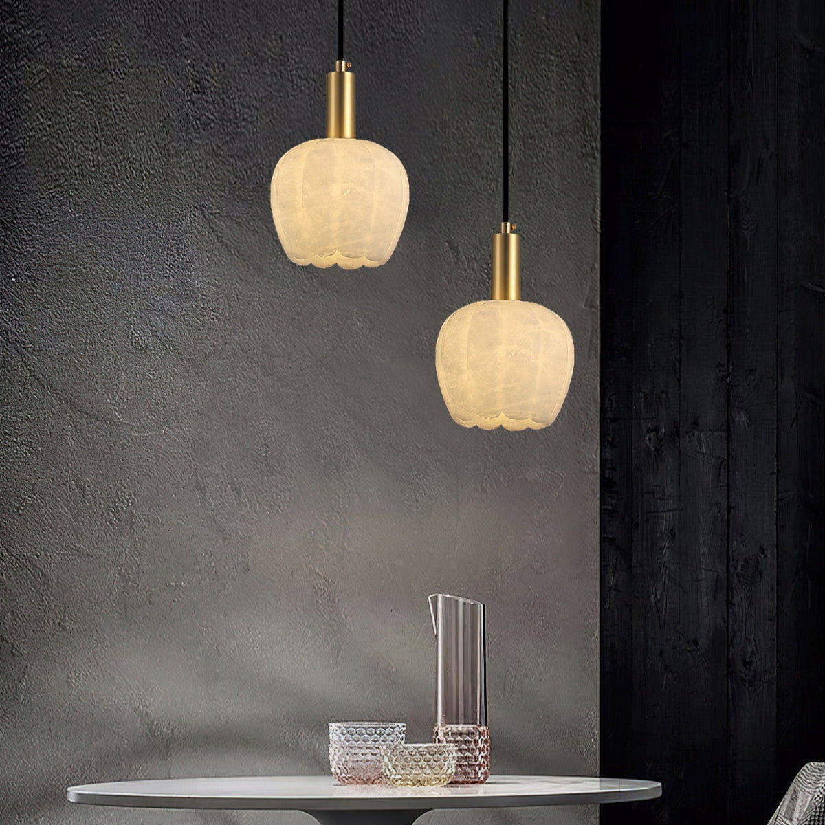 Brass Accents Pendant Light With Alabaster Flower
