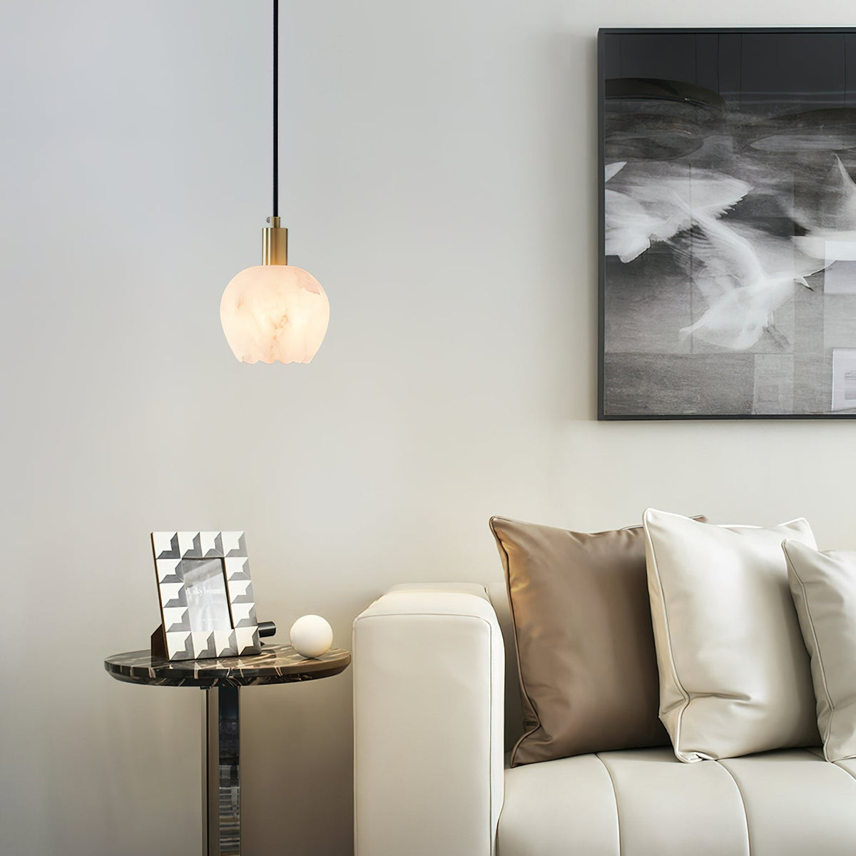 Brass Accents Pendant Light With Alabaster Flower