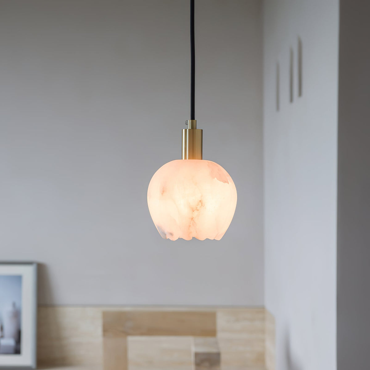 Brass Accents Pendant Light With Alabaster Flower