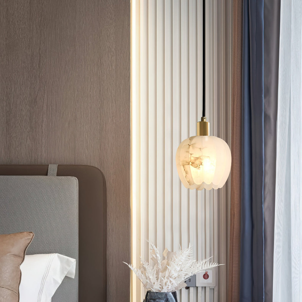 Brass Accents Pendant Light With Alabaster Flower