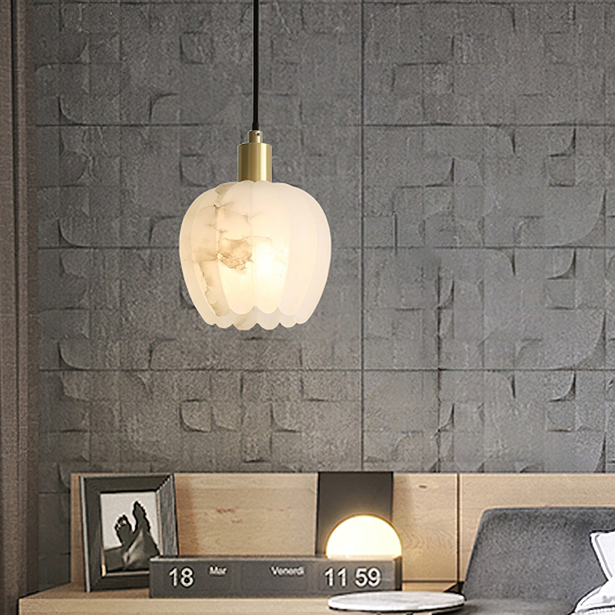 Brass Accents Pendant Light With Alabaster Flower