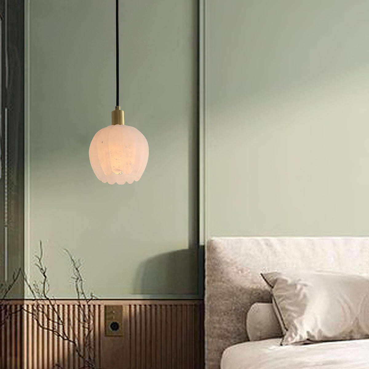 Brass Accents Pendant Light With Alabaster Flower