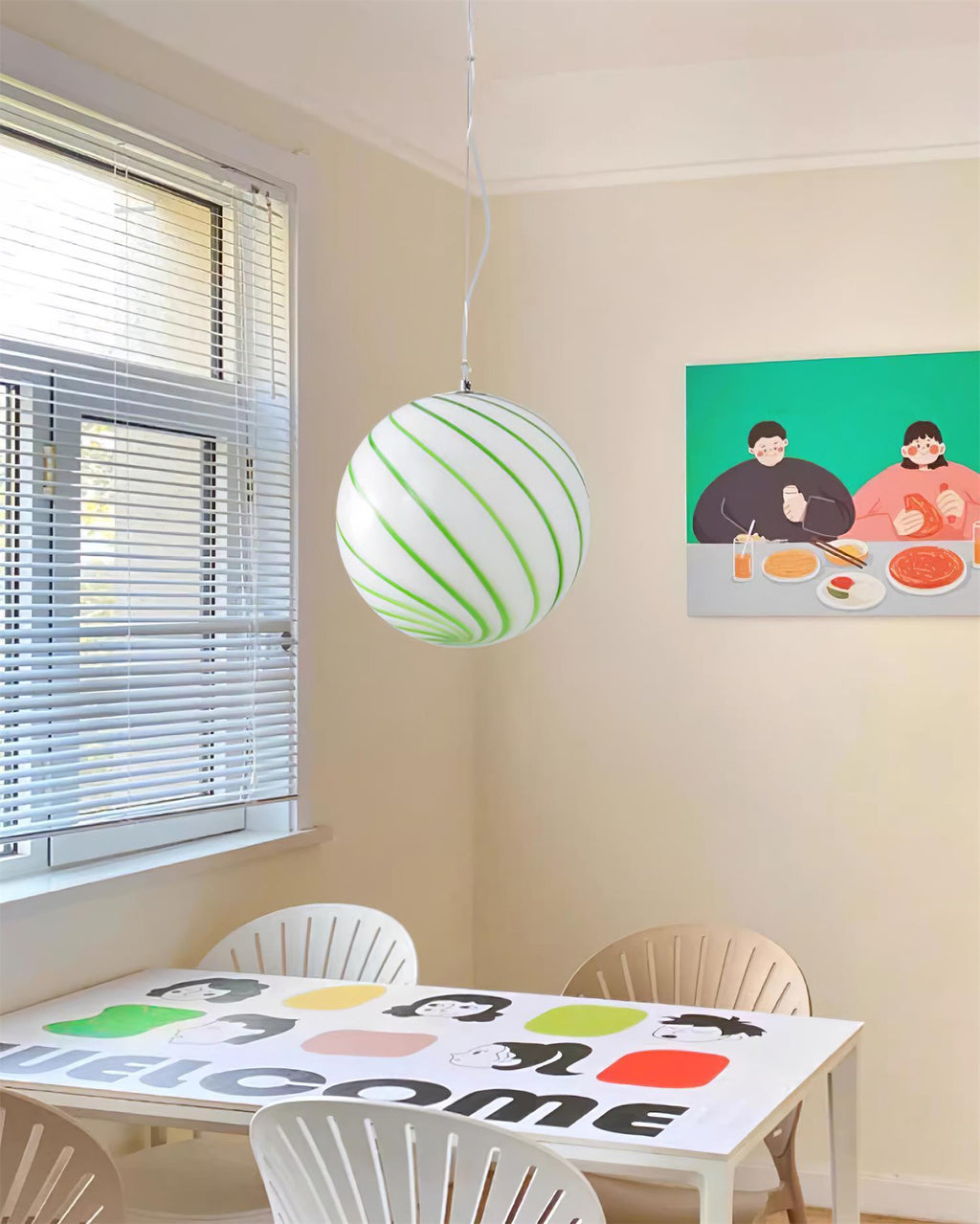 Green Swirl Stripes Glow Glass Globe Pendant Light