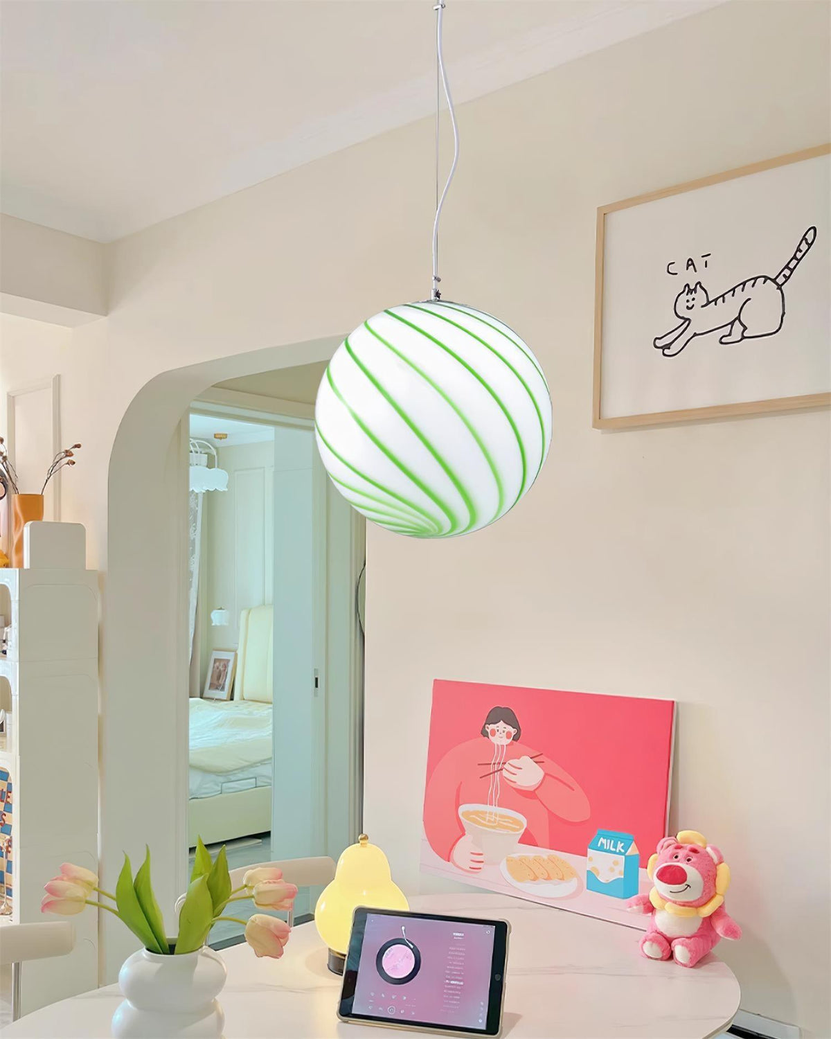 Green Swirl Stripes Glow Glass Globe Pendant Light