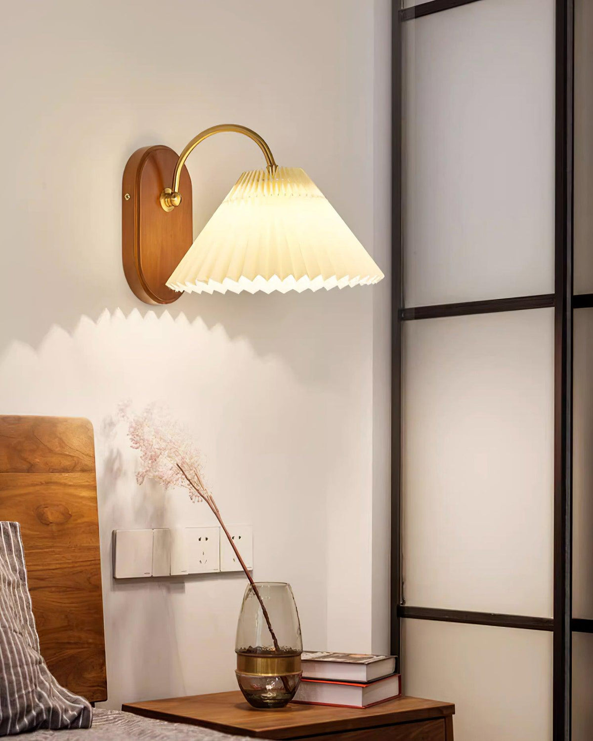 Vintage Wall Lamp With Gold And White Pleated Shade Damp Rated