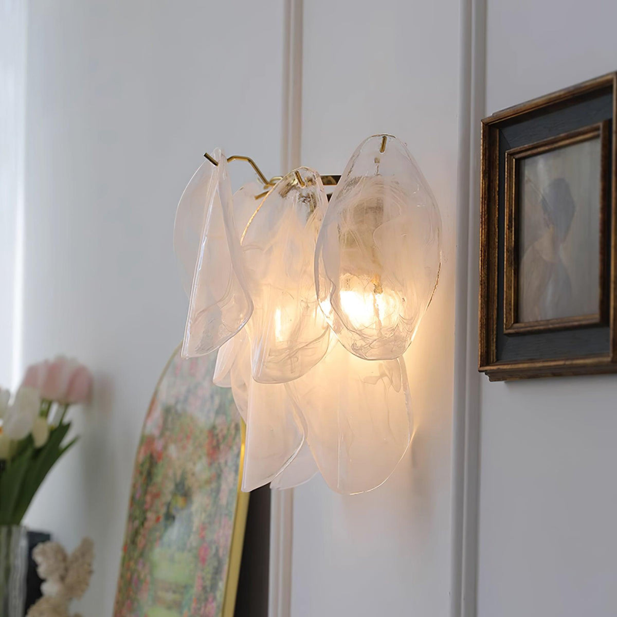 Damp Rated Wall Light With E14 Socket Gold Glass Petal