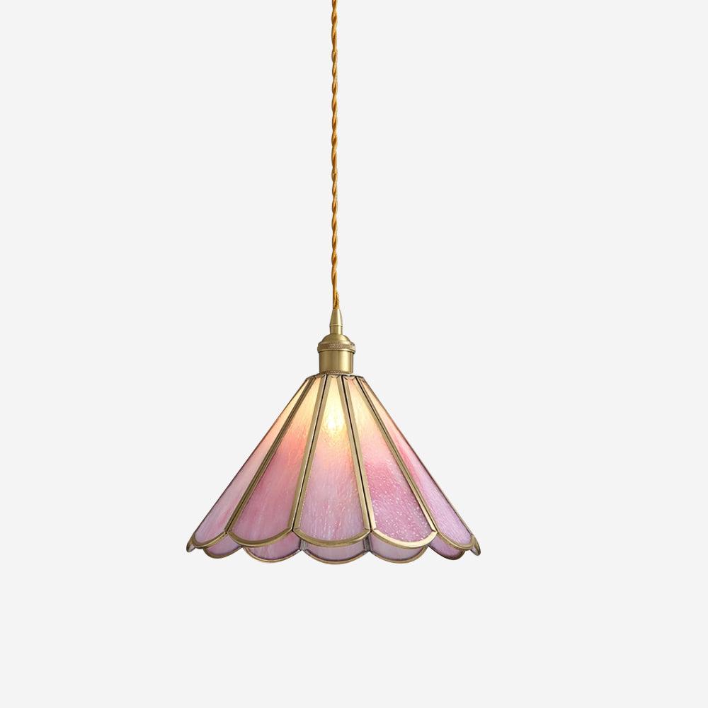 Dimmable Pink Stained Glass Pendant Light With Brass Finish