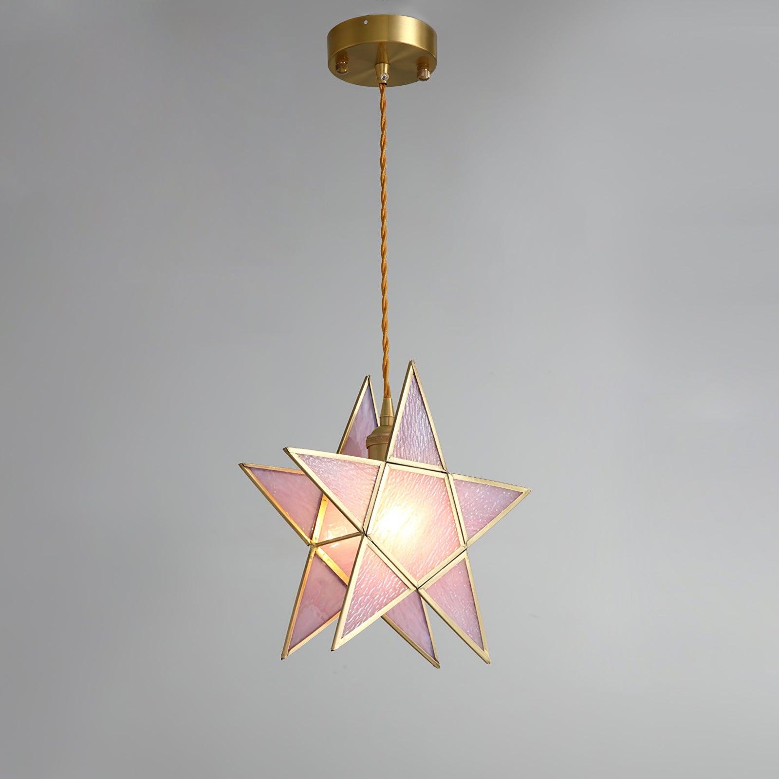 Dimmable Pink Stained Glass Pendant Light With Brass Finish