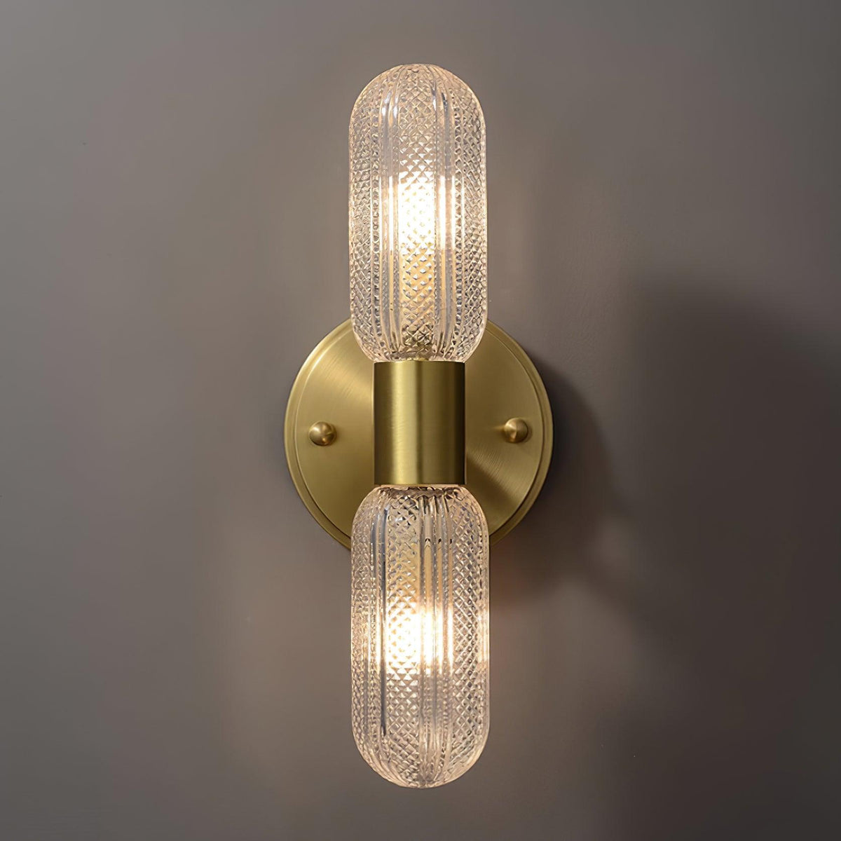 Damp Rated Brass Textured Glass Twin Light Wall Sconce