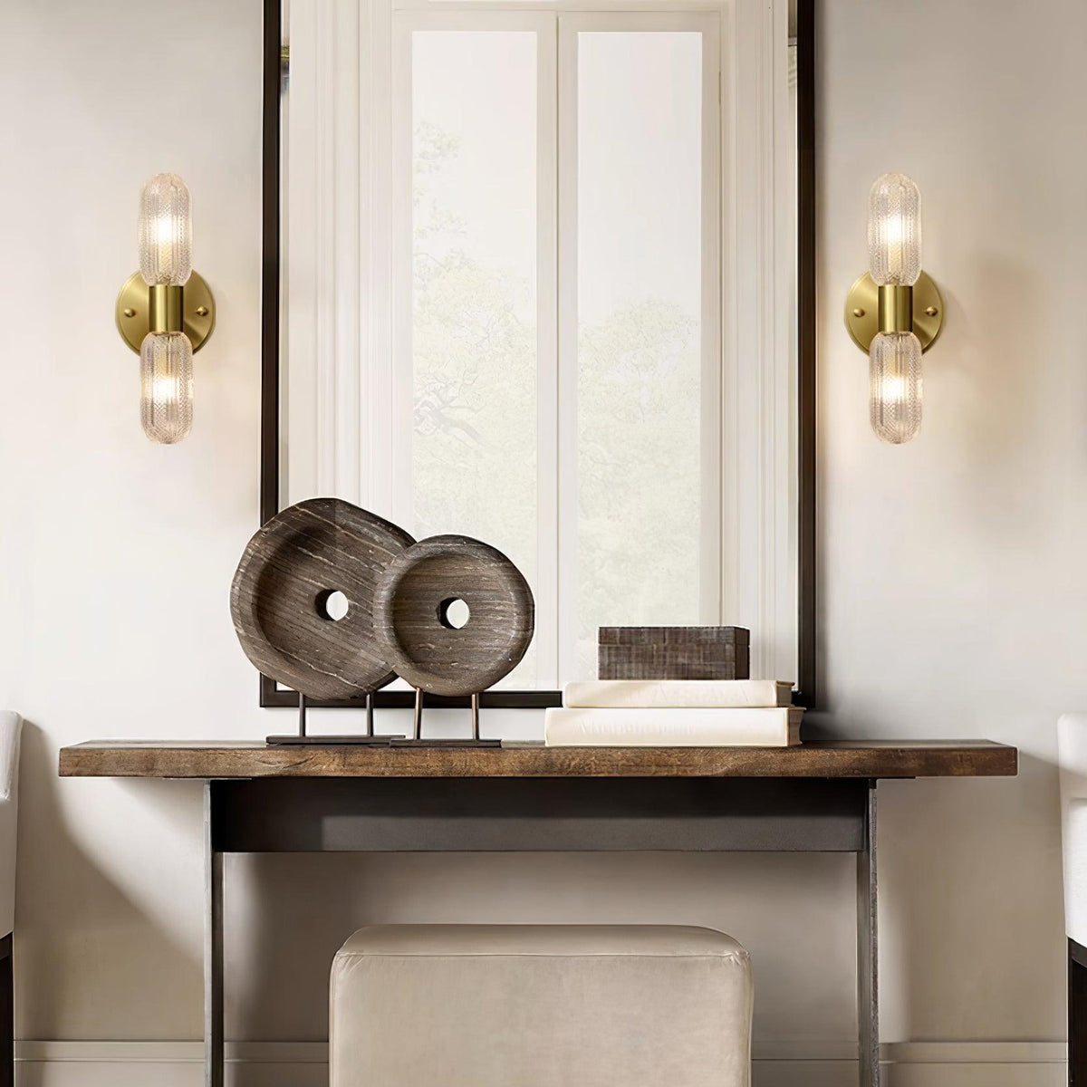 Damp Rated Brass Textured Glass Twin Light Wall Sconce