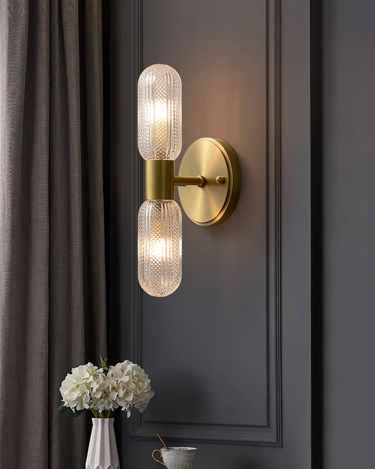Damp Rated Brass Textured Glass Twin Light Wall Sconce