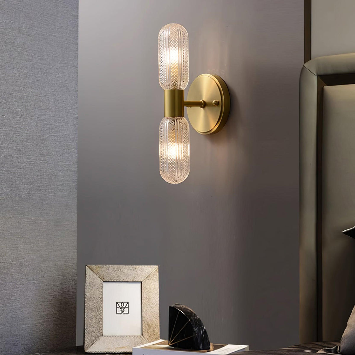 Damp Rated Brass Textured Glass Twin Light Wall Sconce