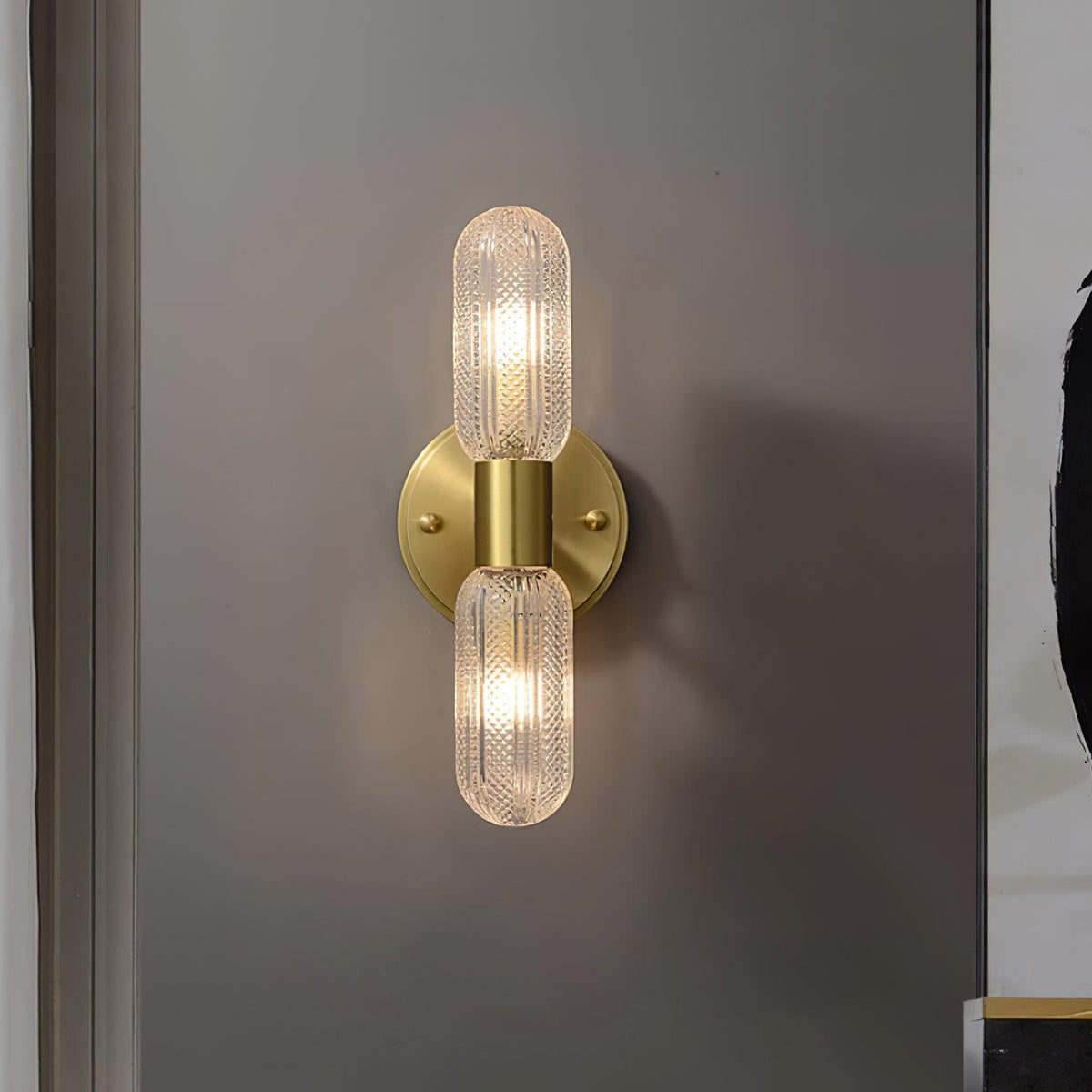 Damp Rated Brass Textured Glass Twin Light Wall Sconce