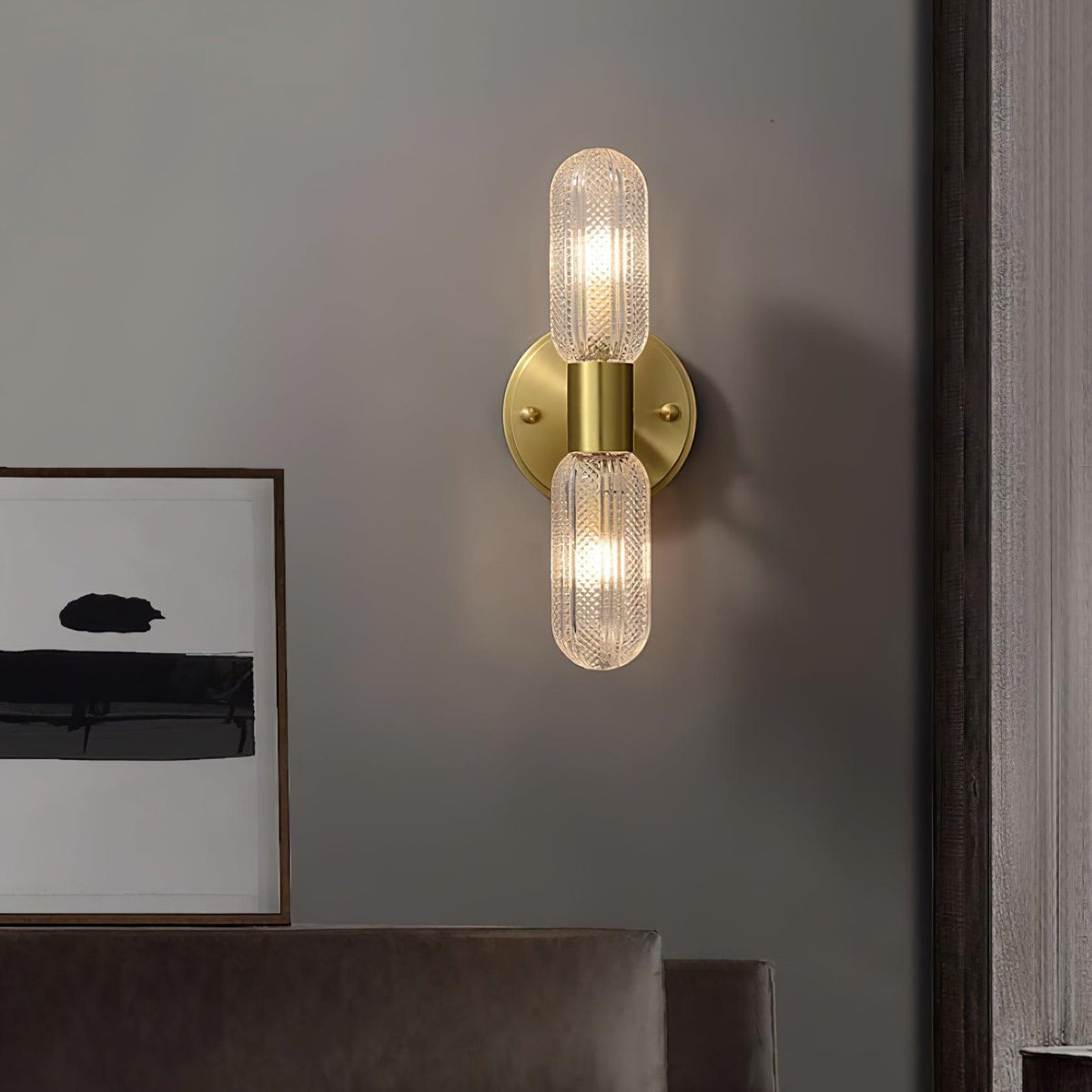 Damp Rated Brass Textured Glass Twin Light Wall Sconce