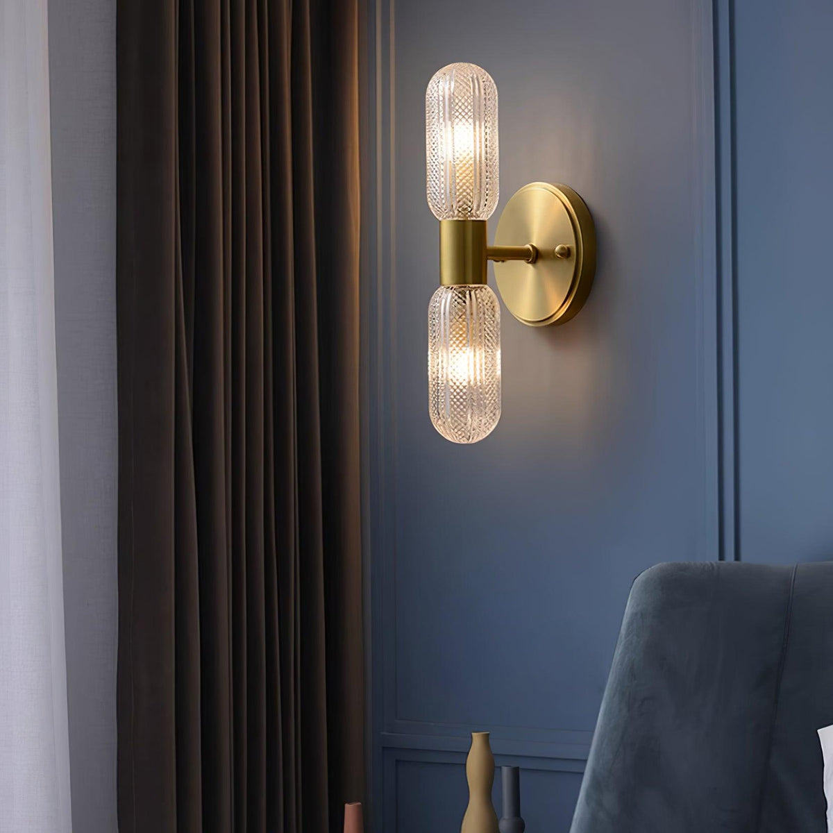 Damp Rated Brass Textured Glass Twin Light Wall Sconce