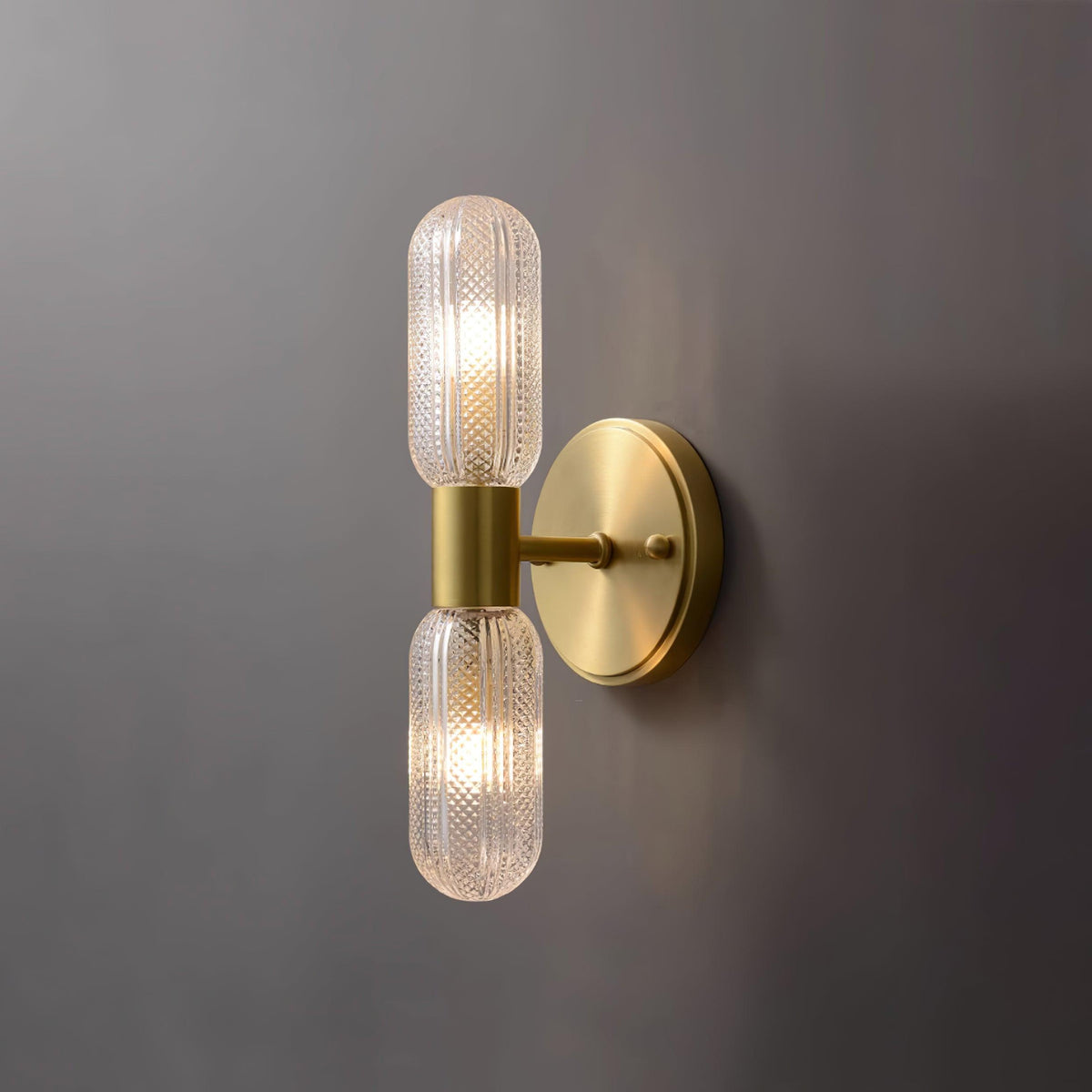 Damp Rated Brass Textured Glass Twin Light Wall Sconce