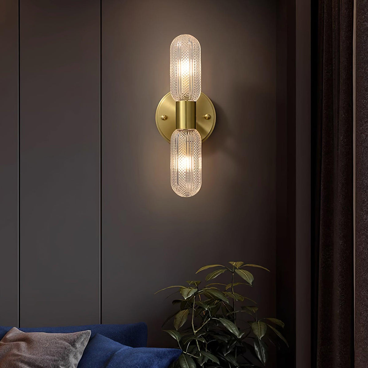 Damp Rated Brass Textured Glass Twin Light Wall Sconce
