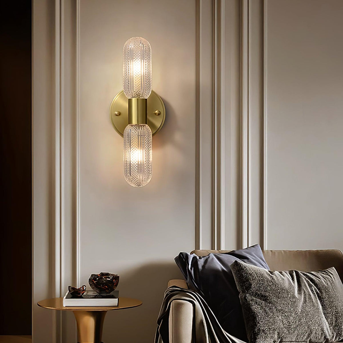 Damp Rated Brass Textured Glass Twin Light Wall Sconce
