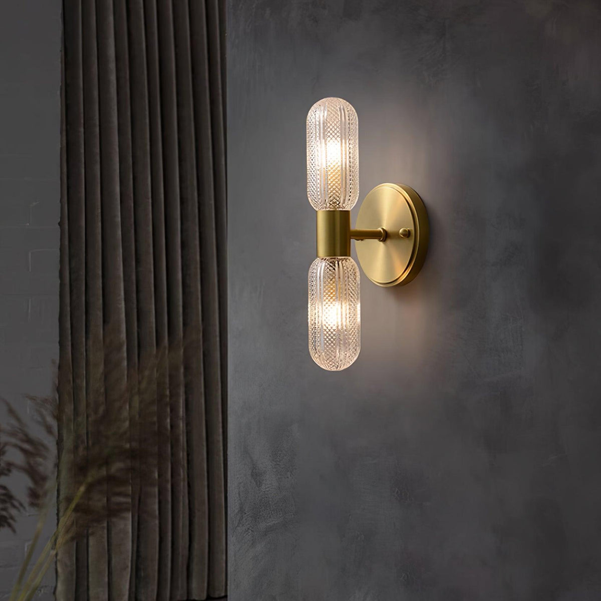 Damp Rated Brass Textured Glass Twin Light Wall Sconce