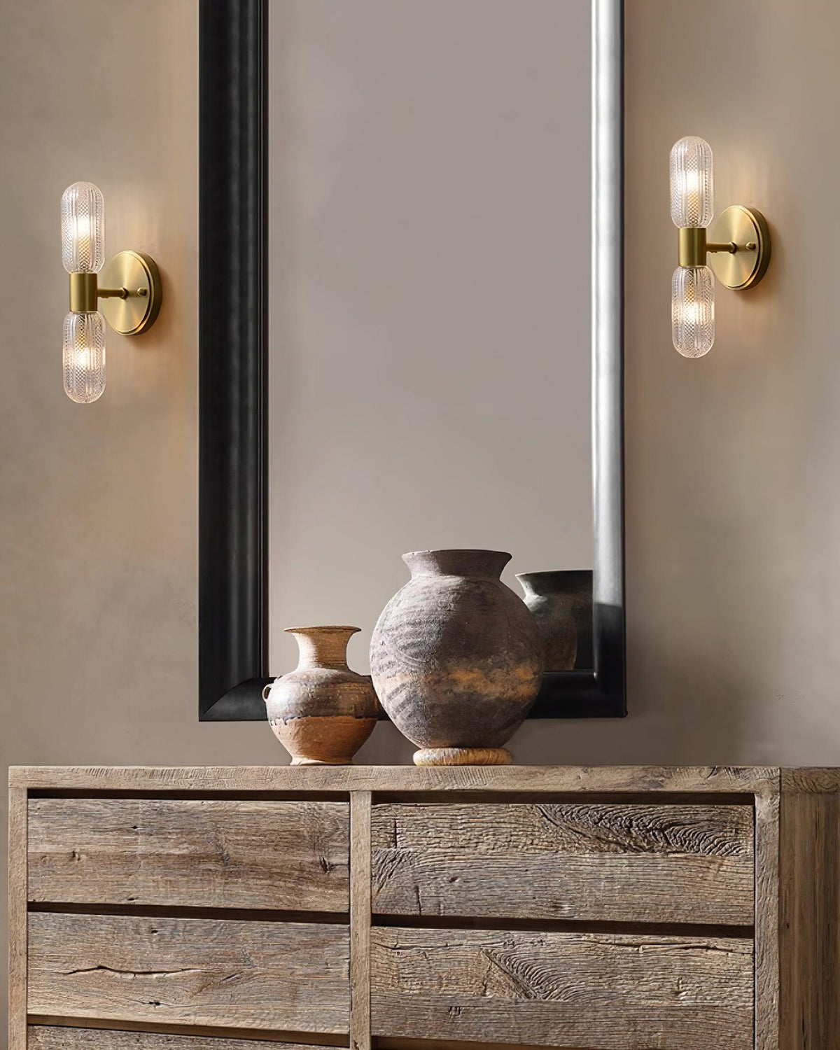 Damp Rated Brass Textured Glass Twin Light Wall Sconce