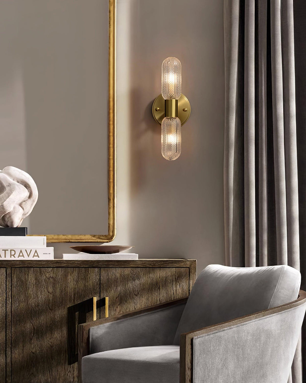 Damp Rated Brass Textured Glass Twin Light Wall Sconce
