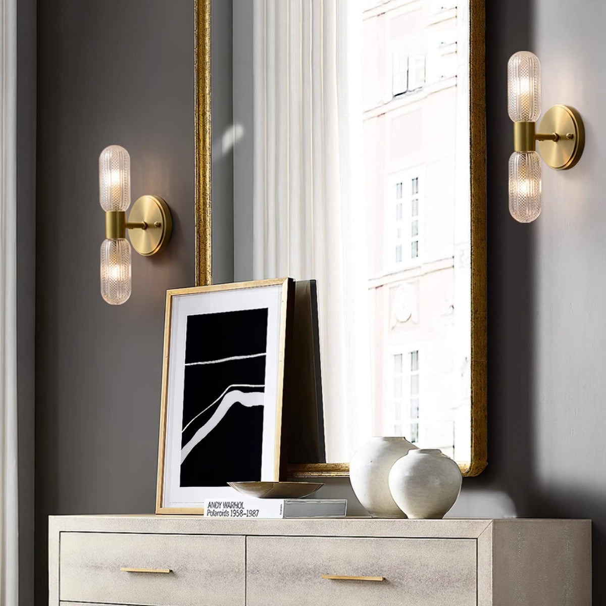 Damp Rated Brass Textured Glass Twin Light Wall Sconce