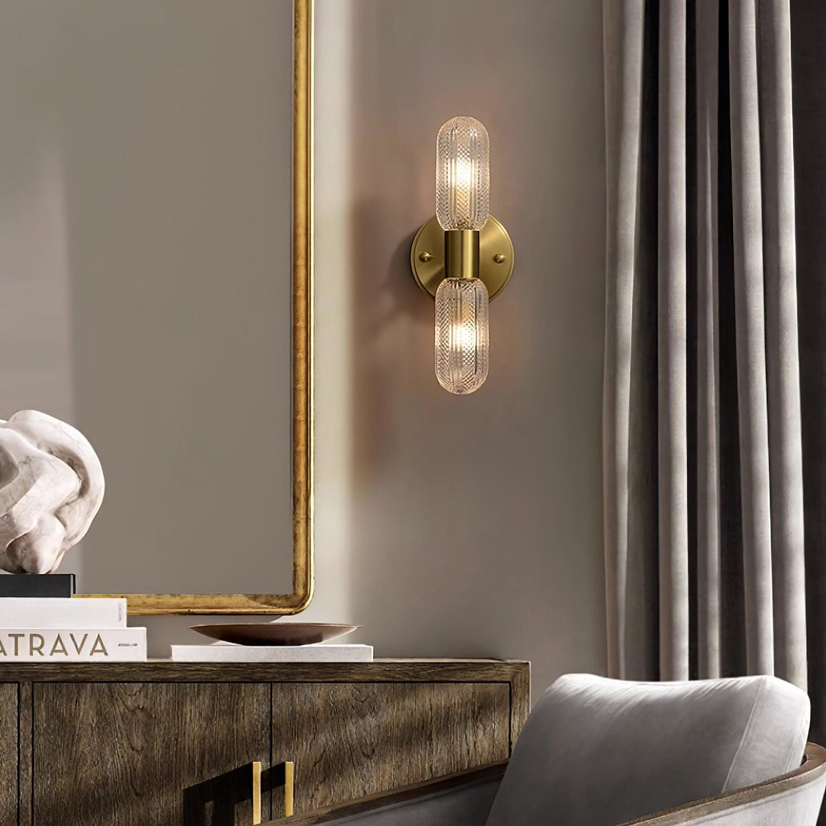 Damp Rated Brass Textured Glass Twin Light Wall Sconce