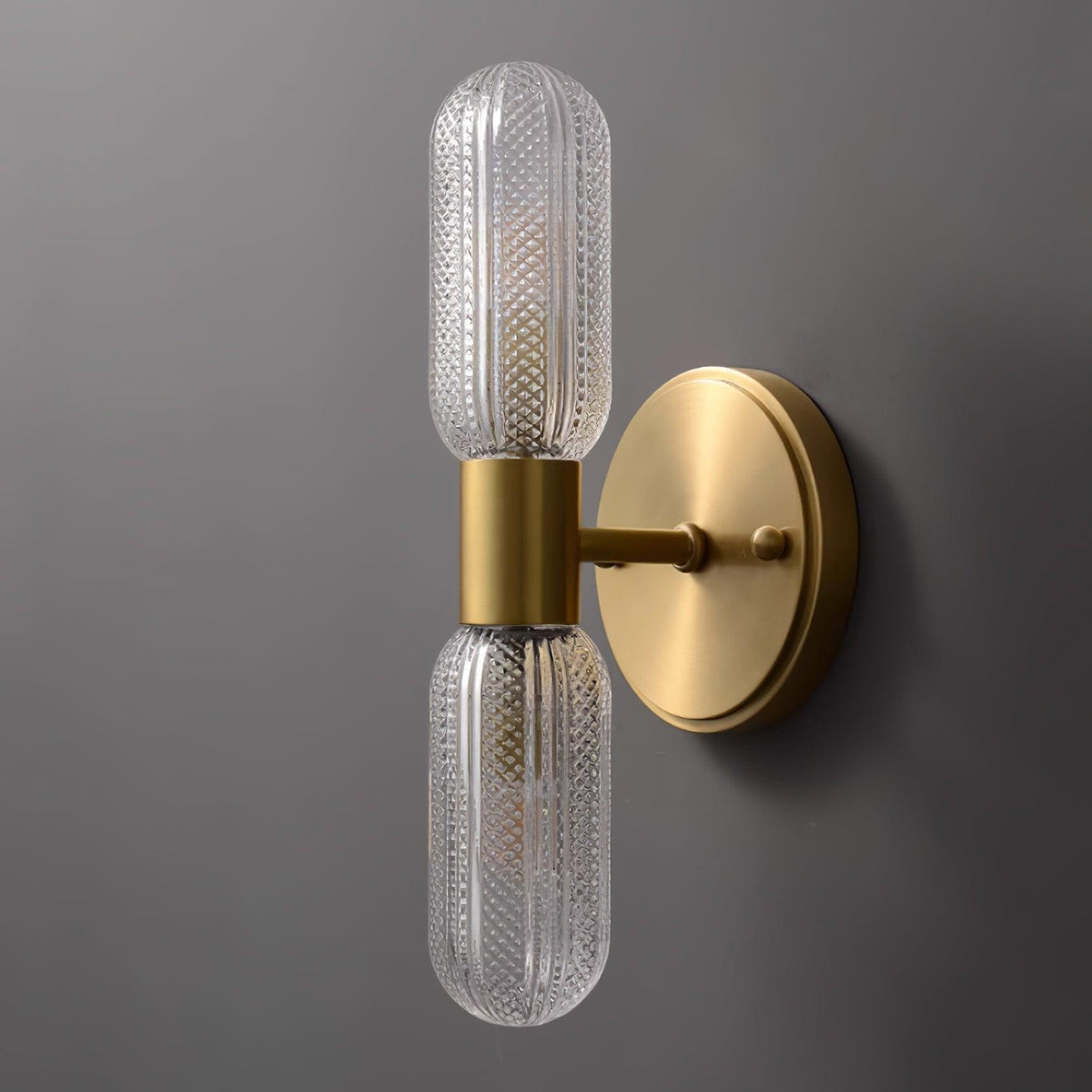 Damp Rated Brass Textured Glass Twin Light Wall Sconce