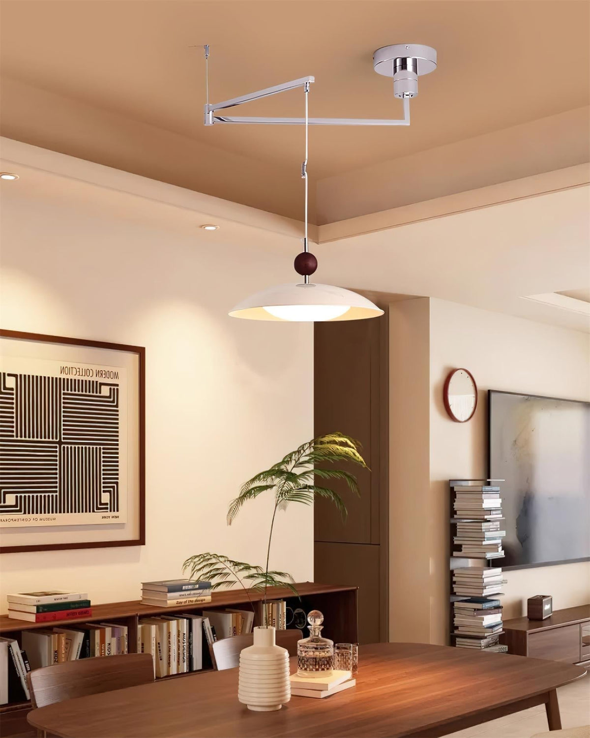 Walnut And White Acrylic Shade Adjustable Pendant Light